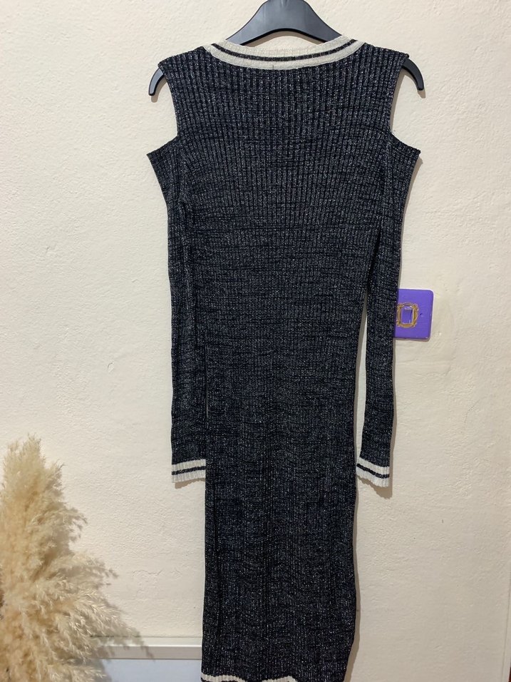 Siyah Simli Uzun Kollu Triko Elbise - Görsel 3