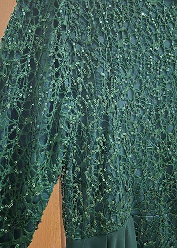 Yeşil İşlemeli Uzun Kollu Abiye Elbise - Görsel 6