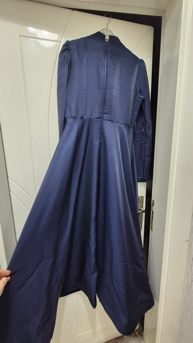 Drapeli Lacivert Uzun Abiye Elbise - Görsel 5