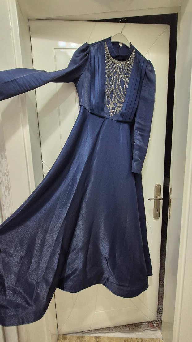 Drapeli Lacivert Uzun Abiye Elbise - Görsel 2