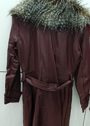 Bordo Deri Kadın Uzun Ceket - Görsel 3