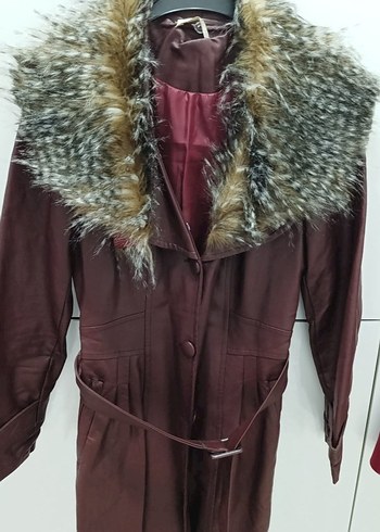 Bordo Deri Kadın Uzun Ceket - Görsel 2