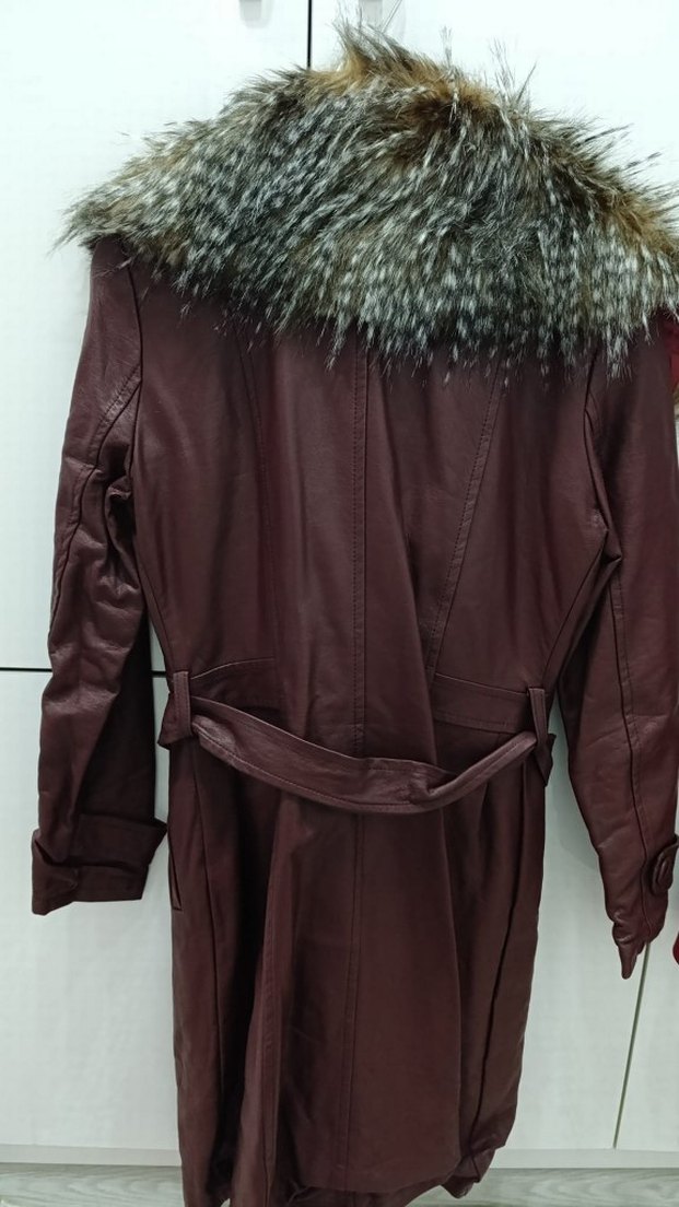 Bordo Deri Kadın Uzun Ceket - Görsel 3