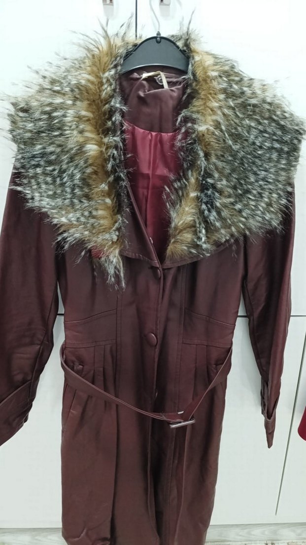 Bordo Deri Kadın Uzun Ceket - Görsel 2