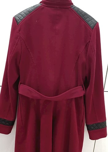 Bordo Deri Detaylı Kemerli Uzun Kadın Kaban - Görsel 2