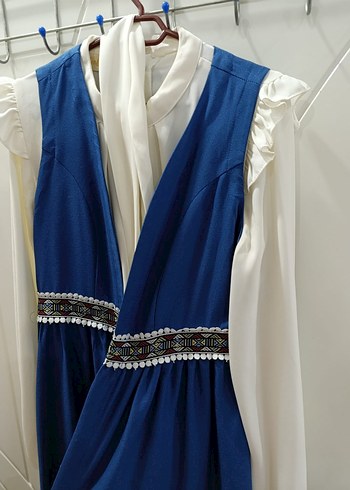 Nakışlı Mavi Uzun Bohem Uzun Yelekli Tunik - Görsel 4