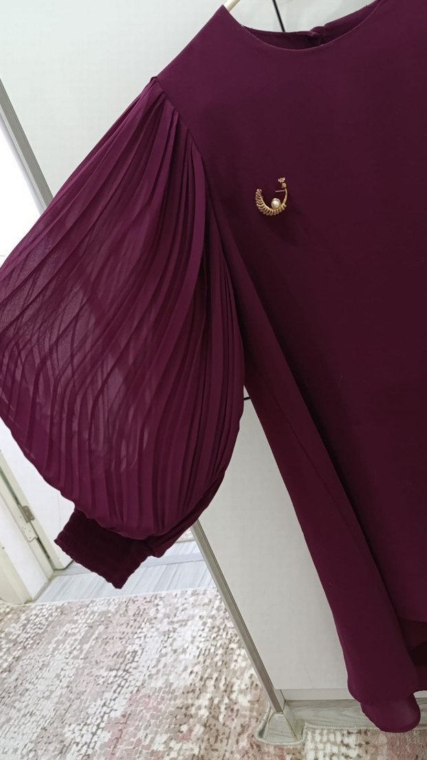 Bordo Uzun Kollu Piliseli Kadın Tunik takım - Görsel 3