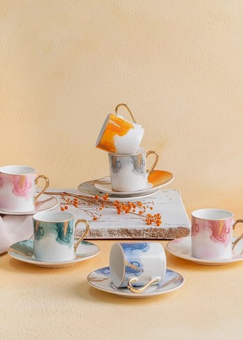 Pastel Renkli Mermer Desenli Porselen Fincan Seti