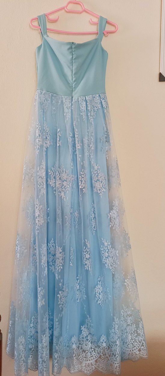 Mavi Dantel Nakışlı Uzun Straplez Abiye Elbise - Görsel 3