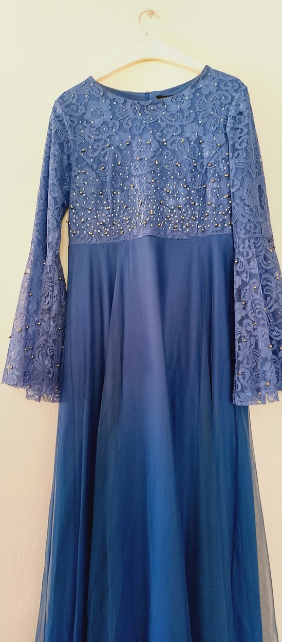 Uzun Kollu Lacivert Nakışlı Uzun Abiye - Görsel 2