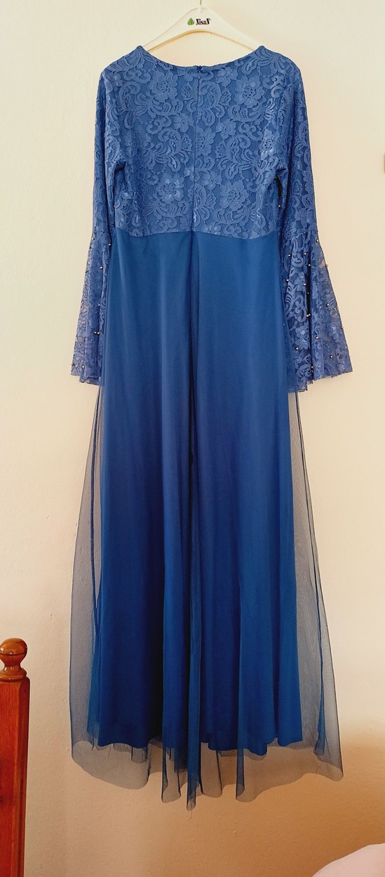 Uzun Kollu Lacivert Nakışlı Uzun Abiye - Görsel 3