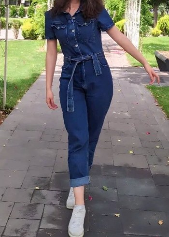 Kadın Kemerli Kısa Kollu Denim Tulum - Görsel 2