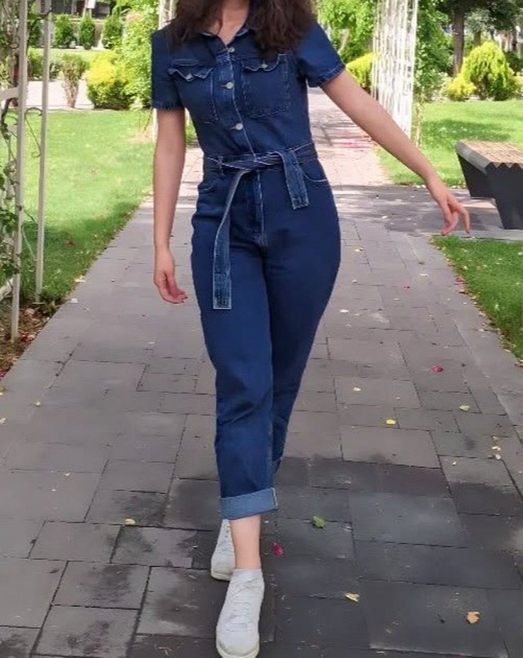 Kadın Kemerli Kısa Kollu Denim Tulum - Görsel 2