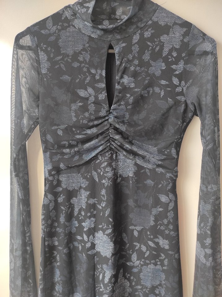 Lacivert Uzun Kollu Gotik Elbise - Görsel 4