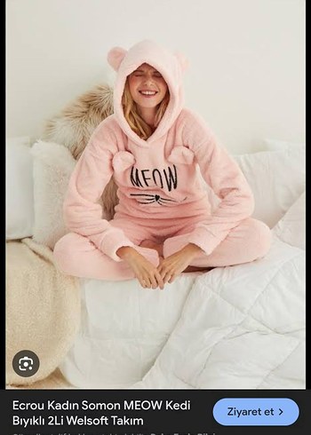 Diğer Somon Renk Kadın MEOW Baskılı Welsoft Pijama Takımı