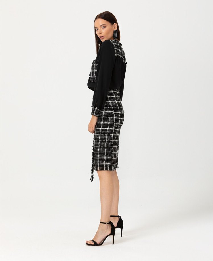 Kemerli Siyah Ekose Midi Kadın Etek - Görsel 3