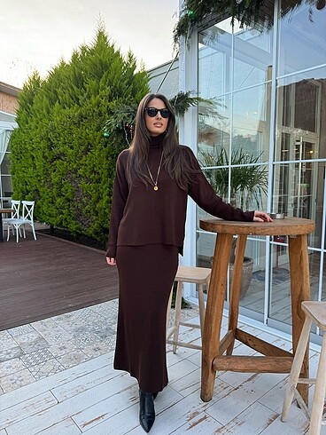 universal Beden kahverengi Renk Triko etekli takım
