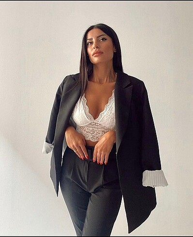 Siyah oversize blazer , çizgili astar