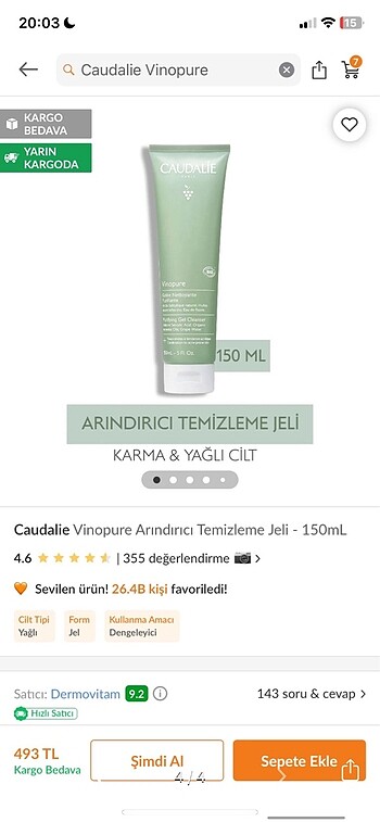 Beden caudalie temizleme jeli