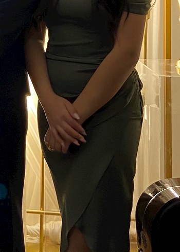 V Yaka Drapeli Haki Midi Elbise - Görsel 2