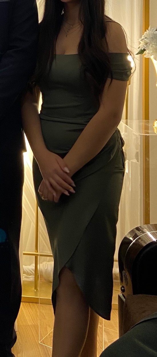 V Yaka Drapeli Haki Midi Elbise - Görsel 2