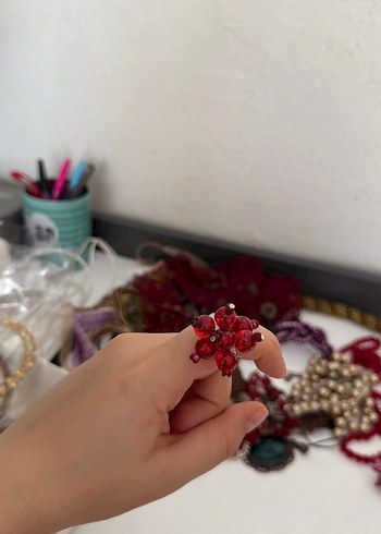 Boncuklu Kırmızı Bohem Kadın Kolye Üçlü set - Görsel 4