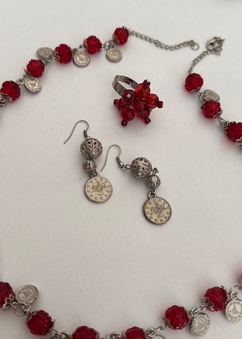 Boncuklu Kırmızı Bohem Kadın Kolye Üçlü set - Görsel 3