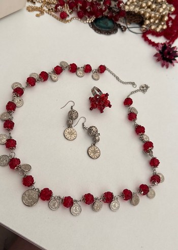 Boncuklu Kırmızı Bohem Kadın Kolye Üçlü set - Görsel 2