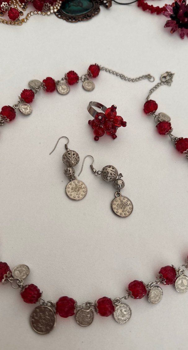 Boncuklu Kırmızı Bohem Kadın Kolye Üçlü set - Görsel 3