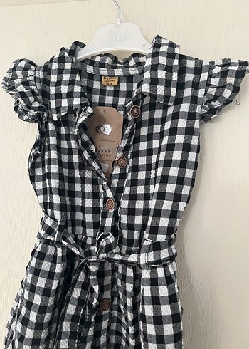 Diğer Kareli Gri Kız Elbisesi, Kısa Kollu, Düğmeli