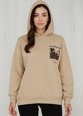 Kapüşonlu Bej Baskılı Sweatshirt