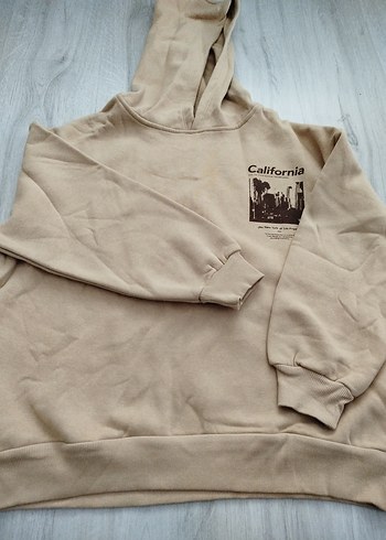 s Beden Kapüşonlu Bej Baskılı Sweatshirt