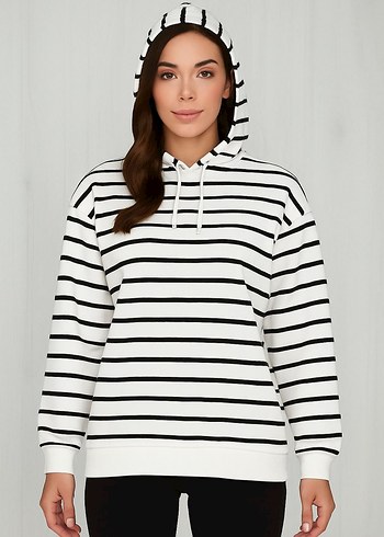 Diğer Siyah Beyaz Çizgili Kapüşonlu Sweatshirt