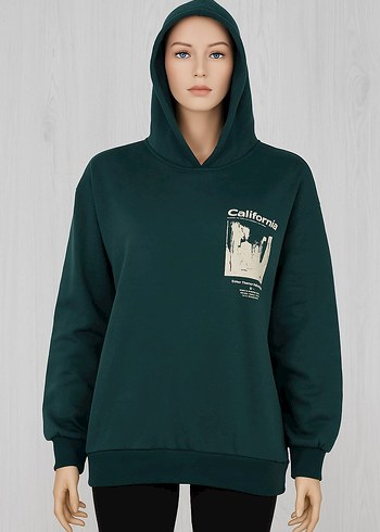 Kapüşonlu Yeşil Baskılı Sweatshirt