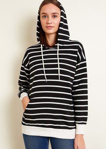Siyah Çizgili Kapüşonlu Kadın Sweatshirt