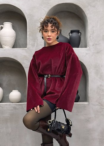 Diğer BORDO TAY TÜYÜ TUNİK KEMERLİ