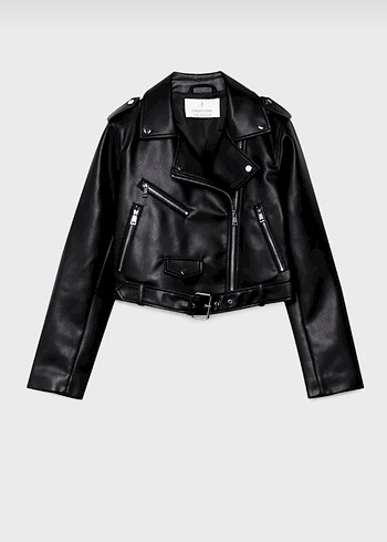 Stradivarius Kemerli Siyah Biker Deri Ceket