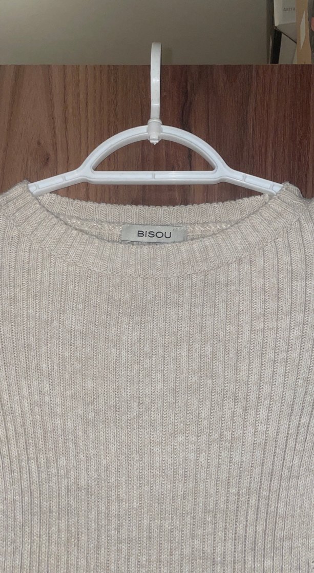 Bej Uzun Kollu Triko Kadın Elbise - Görsel 2