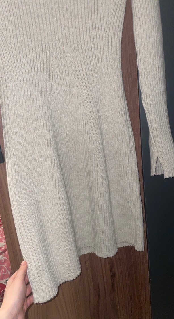 Bej Uzun Kollu Triko Kadın Elbise - Görsel 4