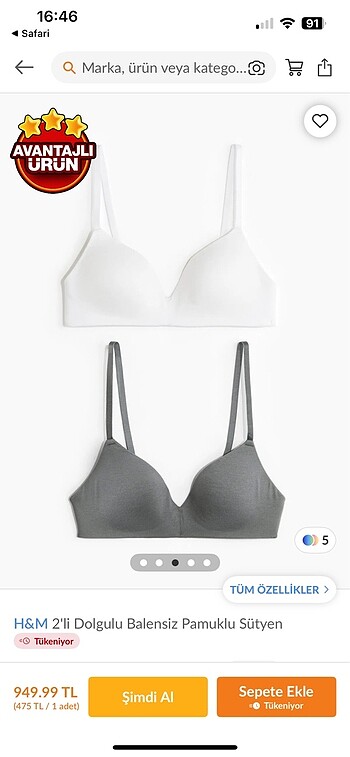 H&M 2?li Dolgulu Balensiz Pamuklu Sütyen