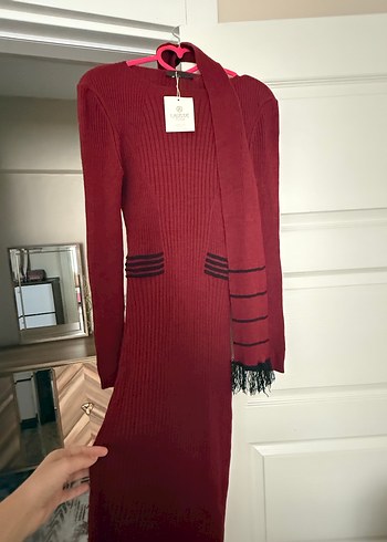 Bordo Uzun Kollu Triko Elbise - Görsel 3