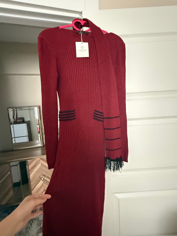 Bordo Uzun Kollu Triko Elbise - Görsel 3