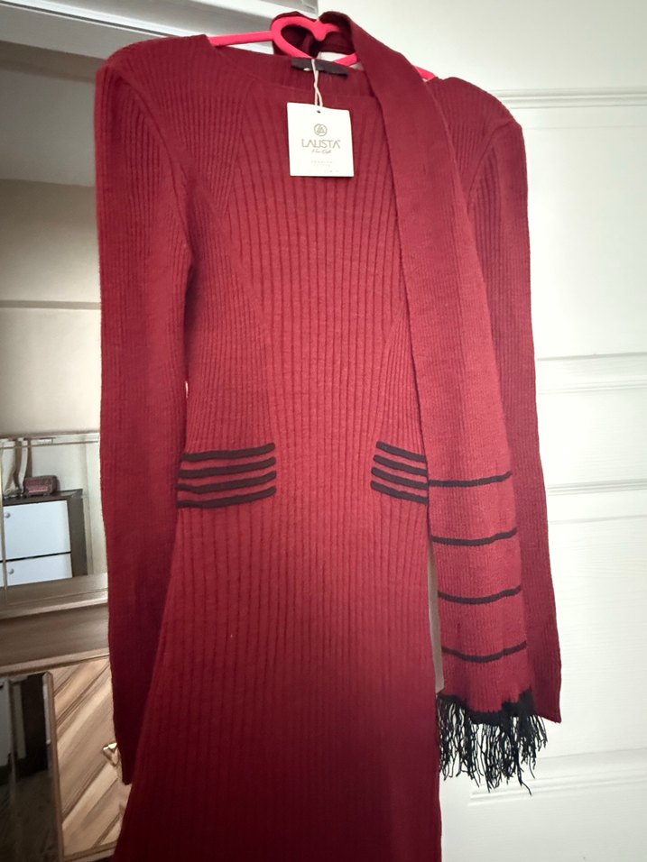 Bordo Uzun Kollu Triko Elbise - Görsel 2