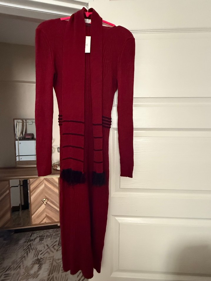 Bordo Uzun Kollu Triko Elbise - Görsel 4