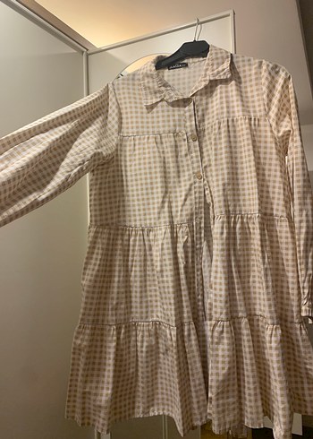 Bej Kareli Düğmeli Hamile Bluzu - Görsel 3