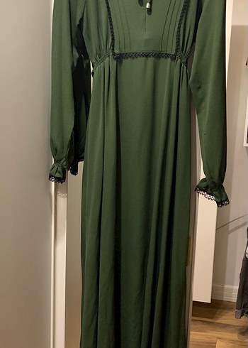 Bohem Yüksek Yakalı Yeşil Uzun Elbise - Görsel 2