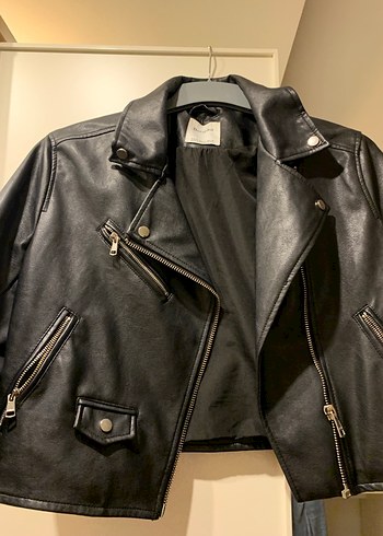 Kadın Siyah Deri Biker Ceket - Görsel 3