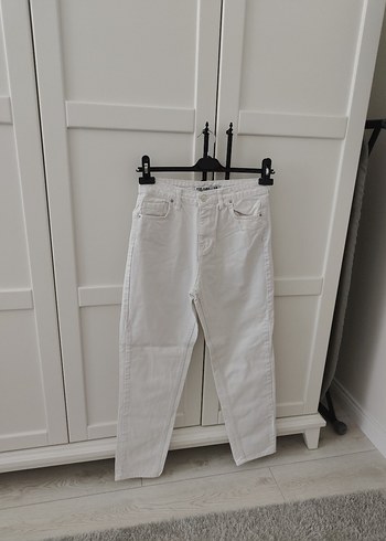 Beyaz Midi Boy Salaş Denim Kadın Pantolon