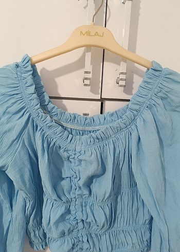 m Beden mavi Renk Mavi Keten Mini Bluz Uzun Kollu Fırfırlı