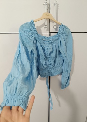 Mavi Keten Mini Bluz Uzun Kollu Fırfırlı